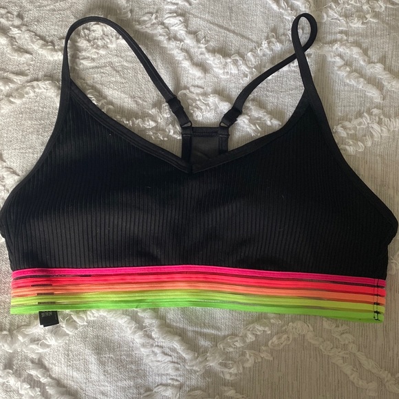 Victoria Secret Pink Racerback Sport Bra- Black with Neon Stripes. - Picture 1 of 3